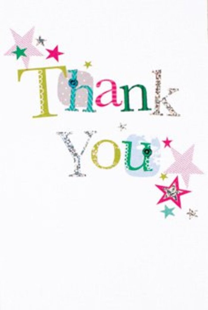 A gently exuberant presence defines this thank you card, its composition a quiet celebration befitting Harlington's blend of peaceful green spaces and vibrant community life. The lettering is uniquely arranged, each character bringing its own flavour-whimsical spots and playful curves in lively lime, spirited fuchsia, and serene blue, with silvery accents that suggest a touch of festivity. Clusters of vibrant stars-some striped with sparkling magenta, others washed in soft turquoise or metallic shine-animate the message, as though extending a wish of joy from one neighbour to another in Harlington village. The modern, airy design sits comfortably on a crisp white field, imparting a sense of openness and calm. Both casual and sophisticated, this card belongs to any occasion where gratitude is meant to lift the spirits-a thank you entrusted to the hands of Flowers Harlington, destined to travel with a fresh bouquet to a colleague on Sipson Lane or a friend along Harlington High Street. Its warmth is universally inviting, weaving together heartfelt appreciation with the elegance of a locally crafted gesture.