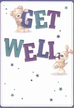 A breath of lightness and optimism fills this get well card, its design capturing the neighbourly warmth found across Harlington's leafy streets. Cheerful and thoughtfully illustrated, the scene is anchored by a soft teddy perched gently atop the bold, rounded letters of 'GET,' while a playful puppy cozies up to the 'WELL' below-both with eyes alight, spreading genuine affection. Deep washes of indigo and teal in the lettering add a vibrant contrast to the crisp white background, recalling the cool clarity of early mornings in Harlington Green. Scattered between the figures, whimsical star motifs convey little bursts of encouragement, each painted in lively hues that mirror a palette seen in seasonal floral arrangements crafted by Flowers Harlington for delivery to local addresses. There's a tactile richness to the bear's textured coat and puppy's floppy ears, inviting the imagination to feel their comforting embrace. This card, with its carefully composed scene, feels as nurturing as a hand-delivered bouquet left at a doorstep near Pinkwell Lane-a thoughtful gesture that brings hope and gentle reassurance to anyone recovering in Harlington.